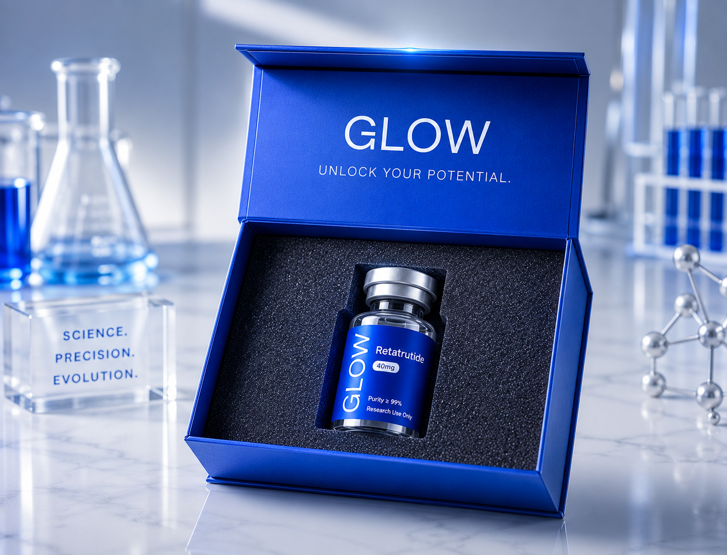 Caja GLOW con vial de Retatrutide 40 mg